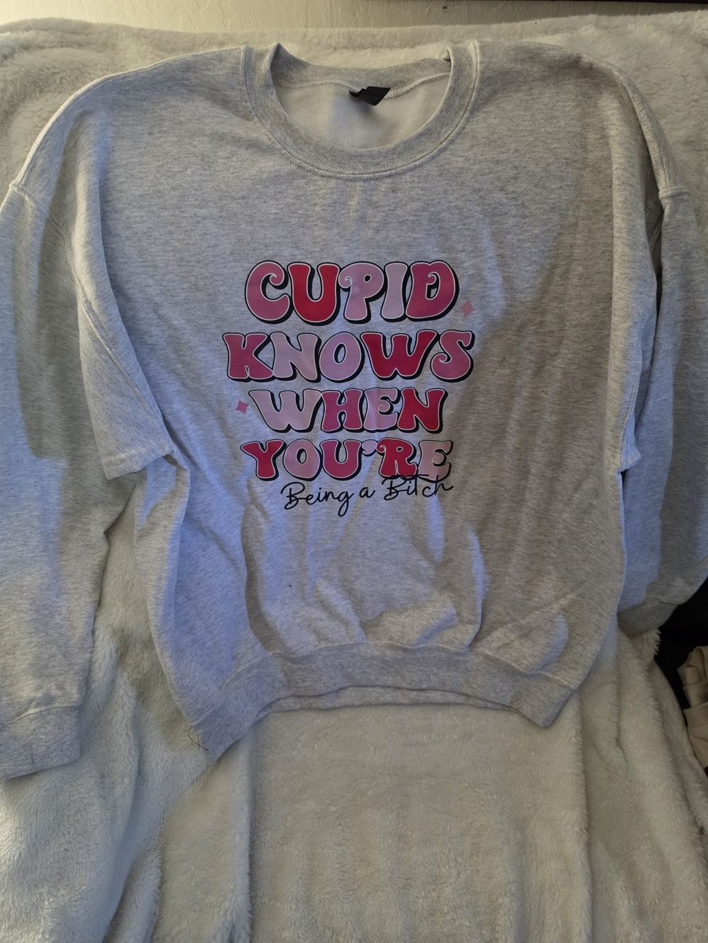 Gildan Light Gray Crewneck with Pink Graphic Text Valentine's Day